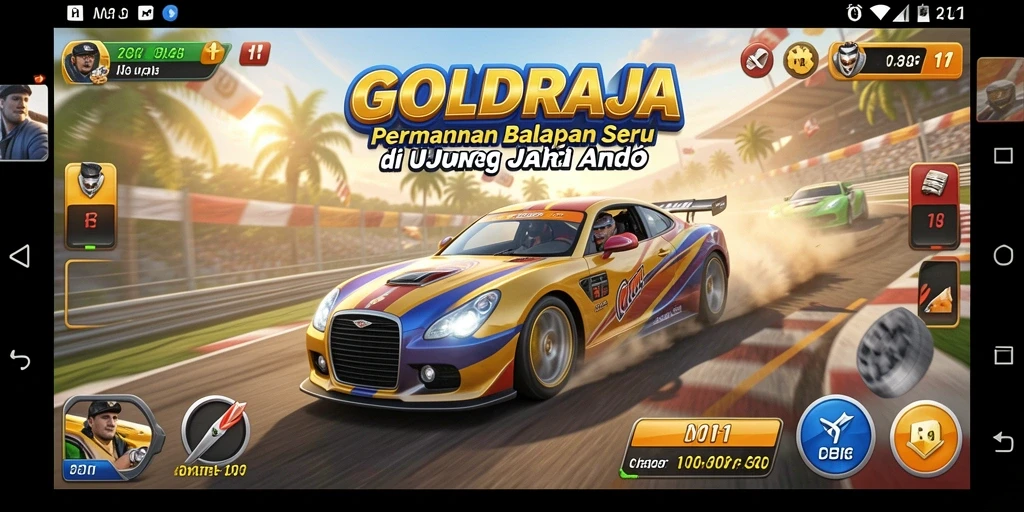 Tampilan khas gameplay <strong>GOLDRAJA</strong> yang menggambarkan balapan mendebarkan.