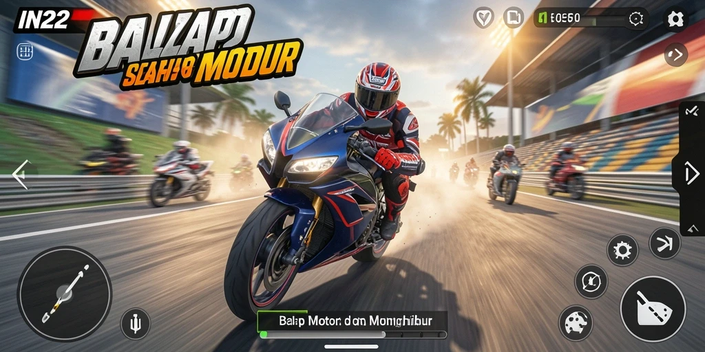 Screenshot menunjukkan aksi balap motor yang mendebarkan.