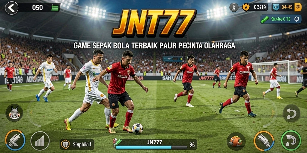 Screenshot gameplay JNT777 menunjukkan aksi seru di lapangan sepak bola.