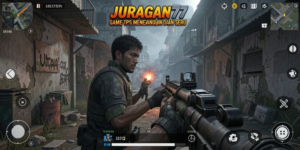 Tampilan gameplay seru JURAGAN77 dalam aksi TPS.
