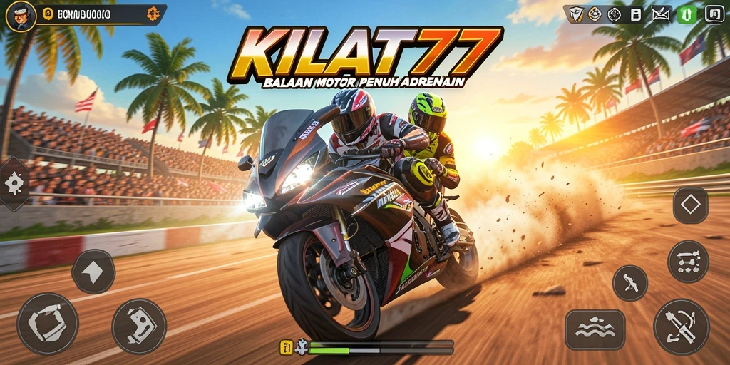 Tampilan gameplay KILAT77 menunjukkan kecepatan dan adrenalin balapan motor yang mendebarkan.