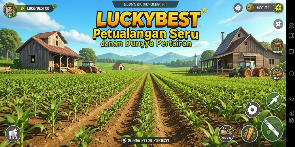 Tampilan gameplay LUCKYBEST yang menampilkan ladang yang subur dan hewan ternak.