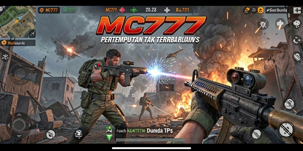 Screenshot utama MC777 menampilkan aksi pertempuran seru dalam mode TPS.