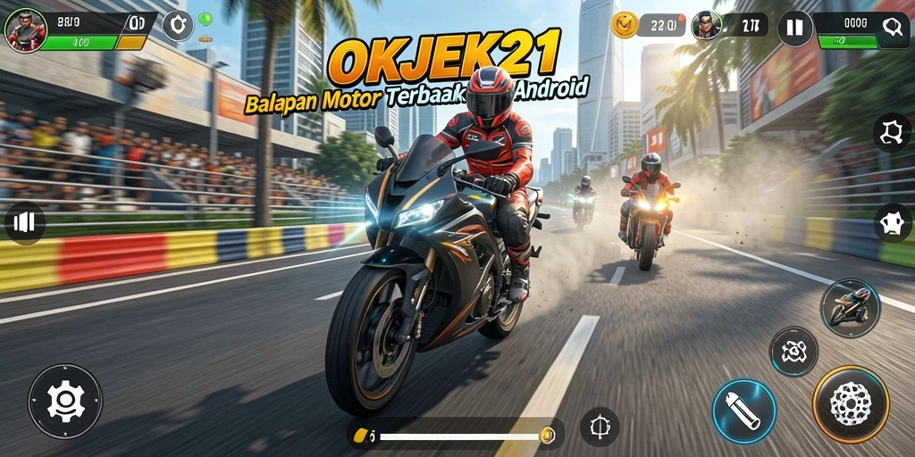 Tangkapan layar gameplay OKJEK21 menunjukkan balapan motor yang mendebarkan.
