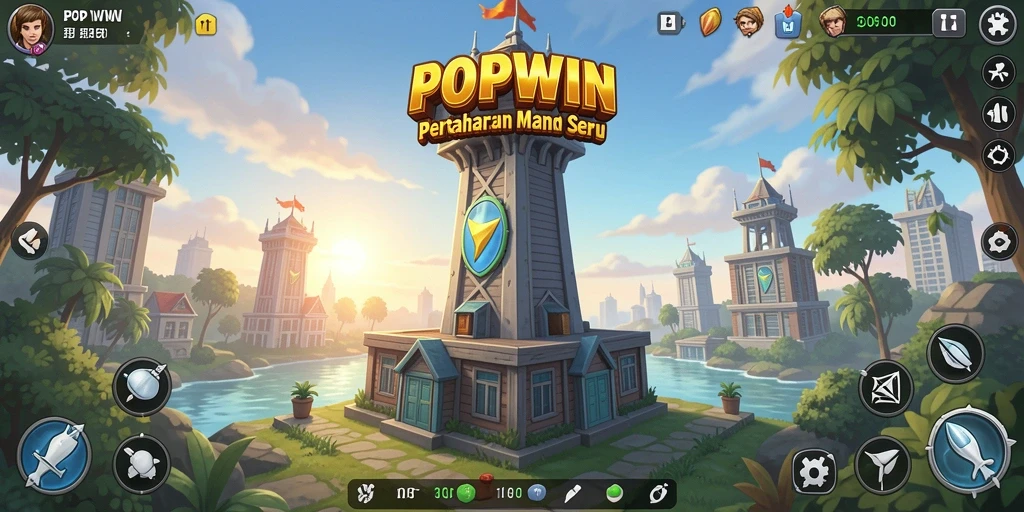 Screenshot gameplay POPWIN dengan menara dan musuh yang beragam.