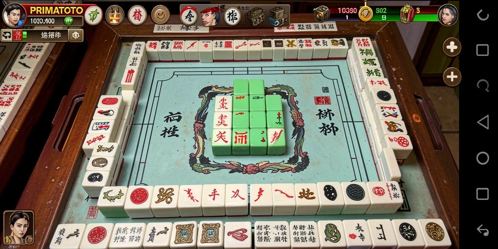 Tampilan gameplay seru PRIMATOTO dengan ubin Mahjong yang berwarna-warni.