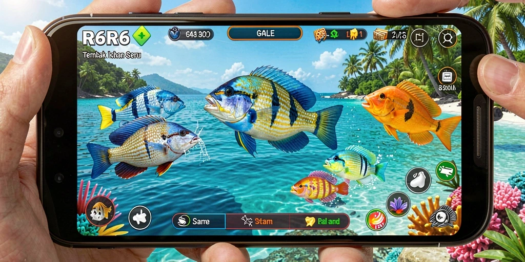 Tangkapan layar R6R6 menampilkan aksi seru dalam menembak ikan.