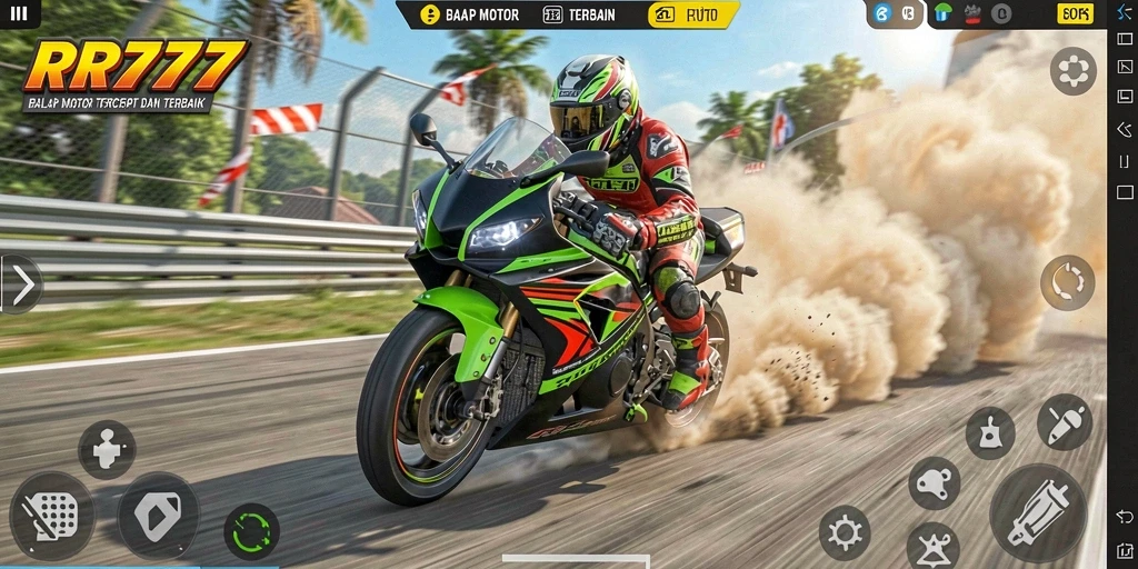 Tampilan gameplay RR777 yang menegangkan dan penuh aksi balapan motor.