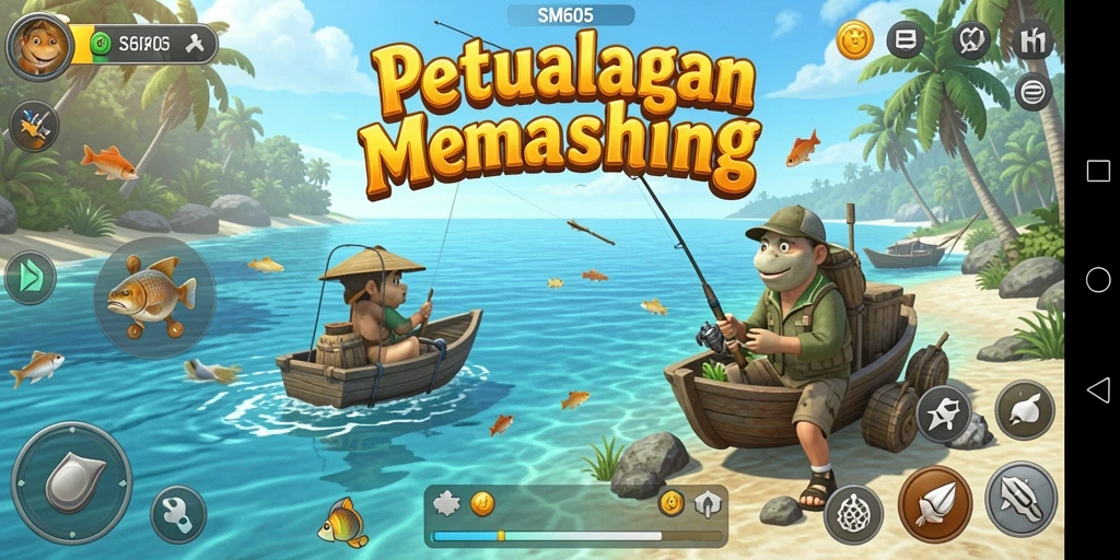 Screenshot gameplay SM605 menunjukkan momen seru saat memancing.