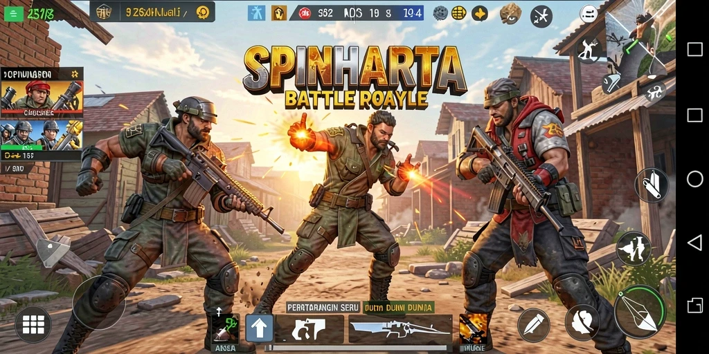 Tampilan seru gameplay SPINHARTA dengan aksi intens Battle Royale.