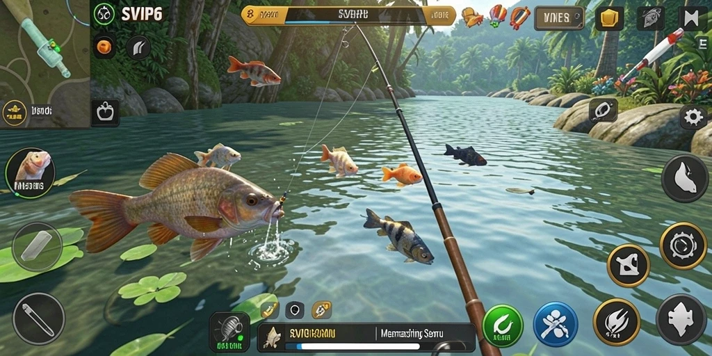 Screenshot gameplay SVIP6 yang menunjukkan pengalaman memancing yang mendebarkan.