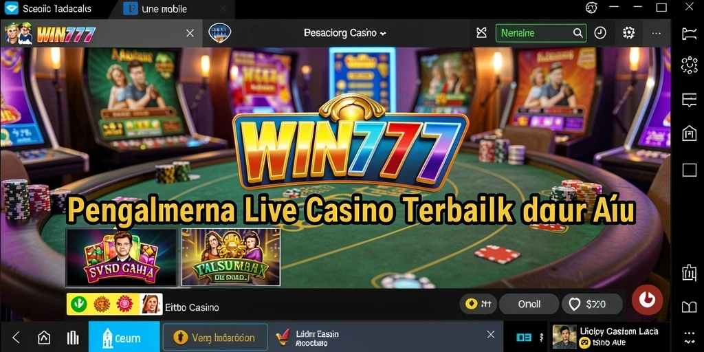 Screenshot utama WIN777 menampilkan dealer langsung dengan pengaturan kasino yang menarik.